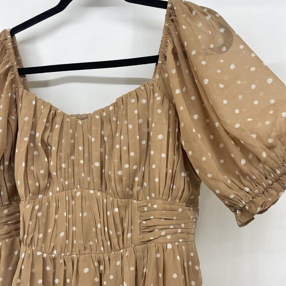 Abercrombie & Fitch Size XL Tan White Polka Dot Mini Baby Doll Dress Puff Sleeve - Picture 2 of 7